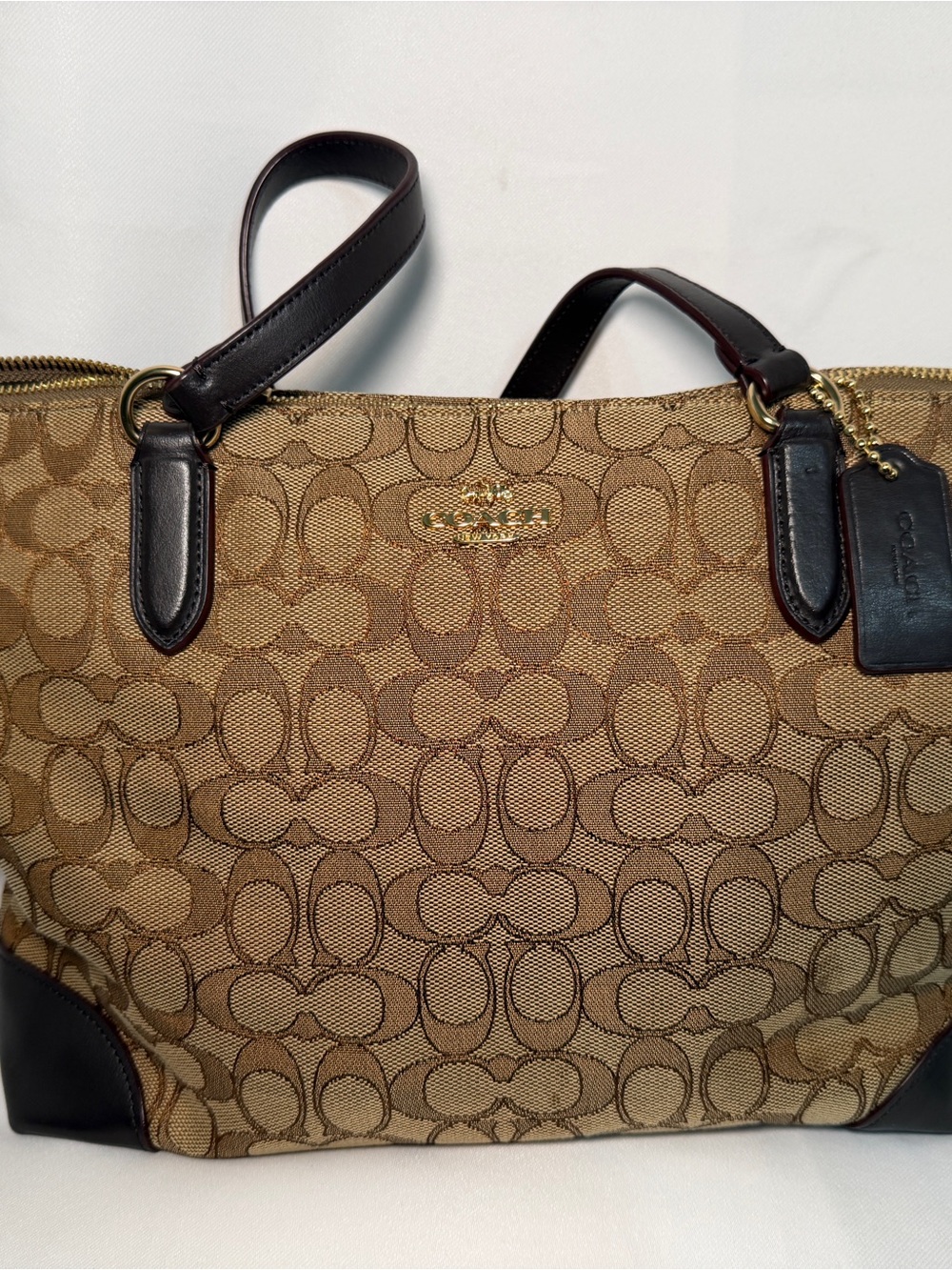 Coach Brown Signature Canvas Tote with Dark Brown Leather Trim